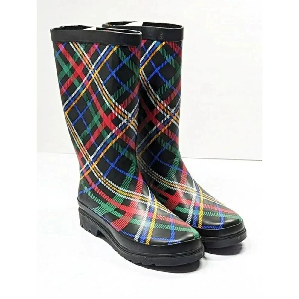 Sugar Raffle 4 Women's Waterproof Tall Rain Boots Plaid Size 9 M (MSRP $70)